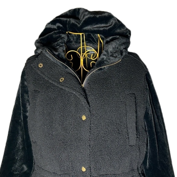 NEW Eden Society Sherpa Black Coat, Faux Fur Sleeves & Hood, Zipper, Pockets, M - Picture 7 of 16